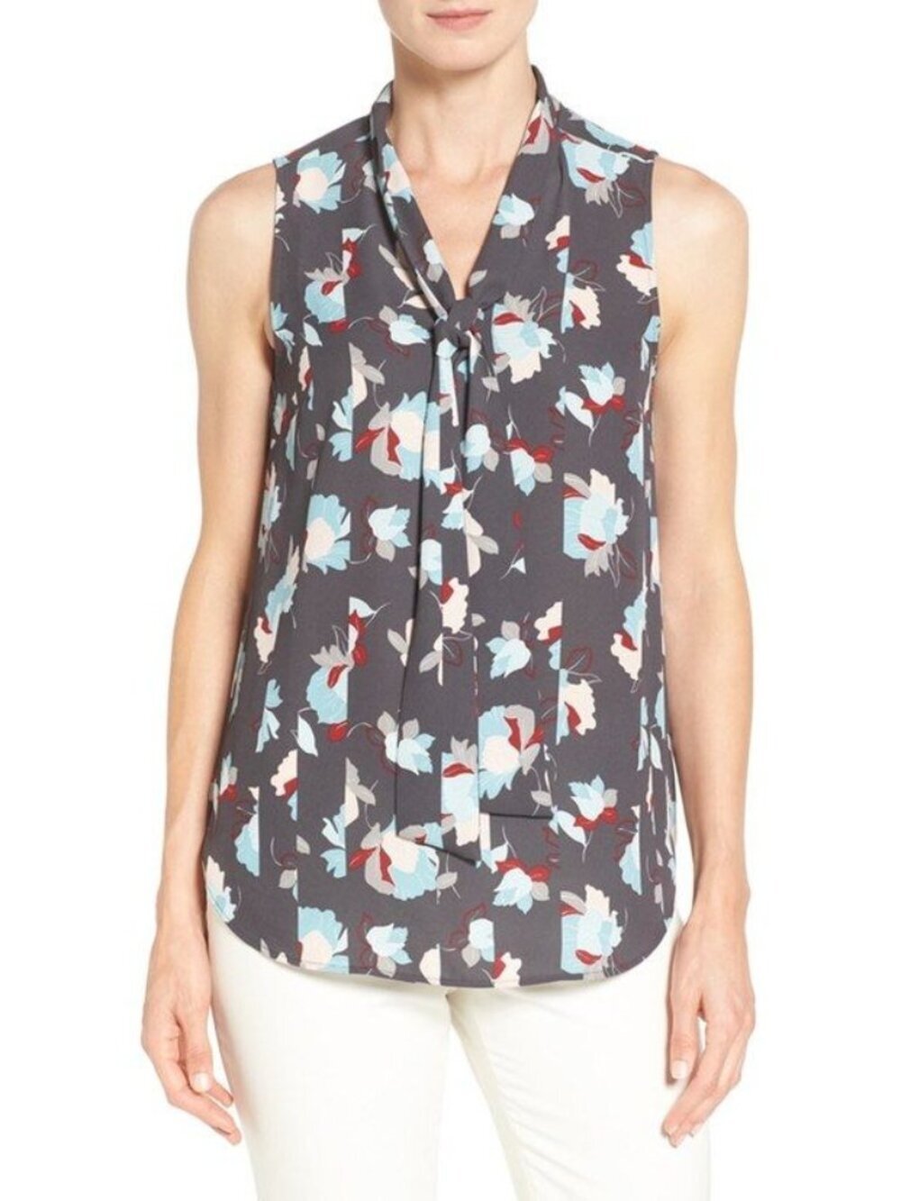 Nordstrom Halogen Gray Print Tie Neck Blouse Top XS